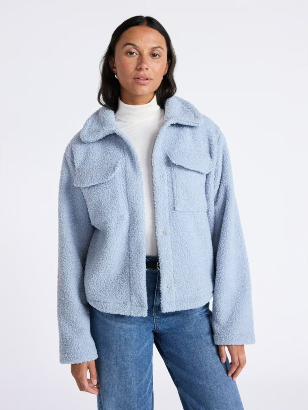 NWOT Light Blue Women's Cozy Fuzzy Boucle Trucker Jacket - Pockets - M